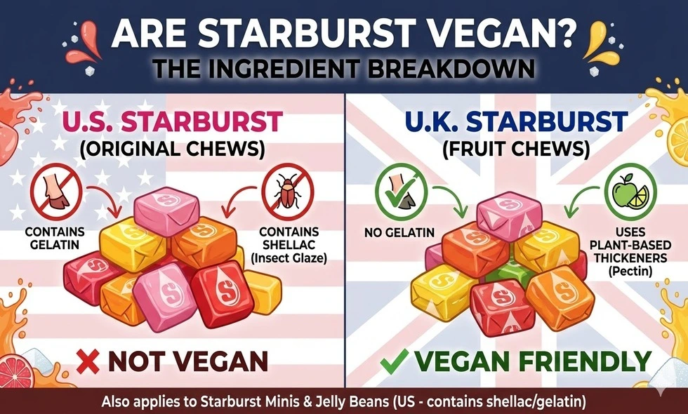 Infographic comparing non-vegan U.S. Starburst containing animal gelatin to vegan-friendly U.K. Starburst made with plant-based pectin.