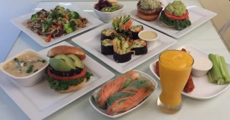 almond brocolli soup,corn chowder, spring rolls, fries, raw cheesecake