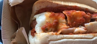 Meatball Sub with Gardein meatballs, Rao’s tomato sauce and Violife mozzarella cheese